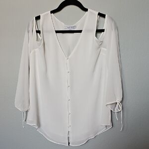 Naked Zebra Cold Shoulder Sheer Sleeve Button Front White Relaxed Blouse Large
